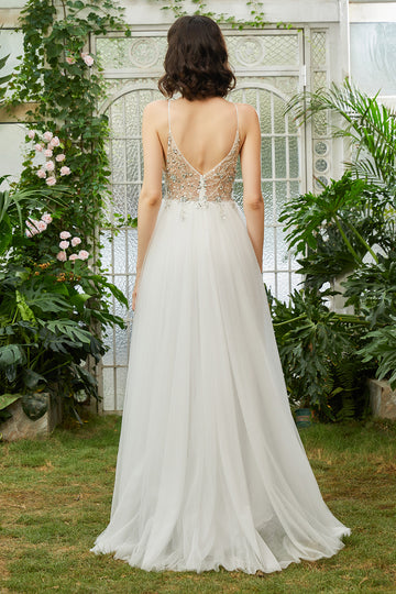 Tulle Spaghetti Straps White Long Wedding Dress with Beading